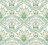 Bramble White & Blue Wallpaper with Botanical Floral Damask - York RP7323