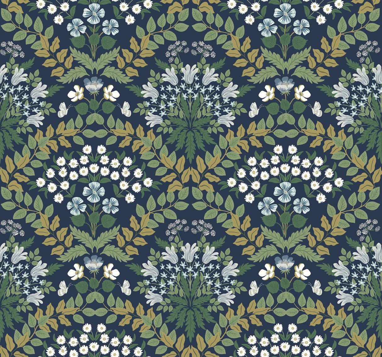 Bramble Navy & Green Wallpaper with Botanical Floral Motif - York RP7324