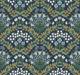 Bramble Navy & Green Wallpaper with Botanical Floral Motif - York RP7324