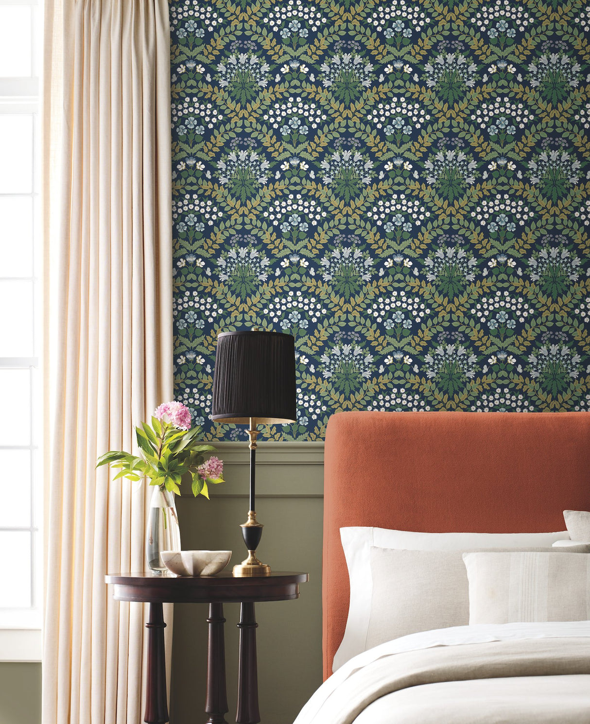 Bramble Navy & Green Wallpaper with Botanical Floral Motif - York RP7324