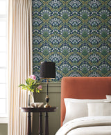 Bramble Navy & Green Wallpaper with Botanical Floral Motif - York RP7324