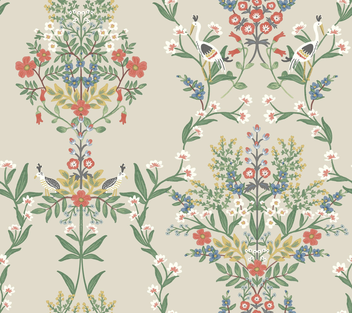 Luxembourg Beige & Red Wallpaper with Botanical Birds and Floral Motif - York RP7327