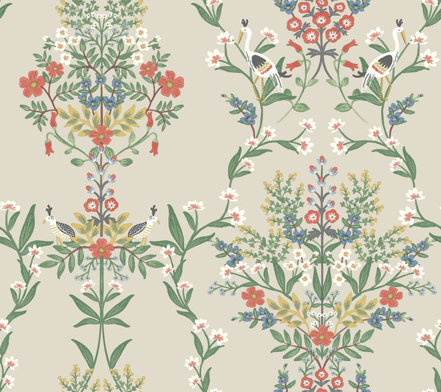 Luxembourg Beige & Red Wallpaper with Botanical Birds and Floral Motif - York RP7327