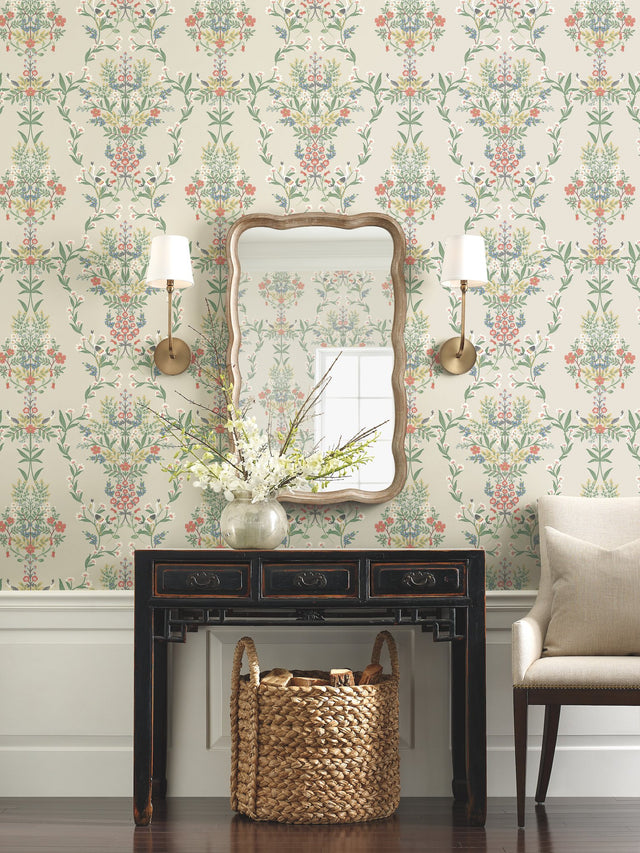 Luxembourg Beige & Red Wallpaper with Botanical Birds and Floral Motif - York RP7327