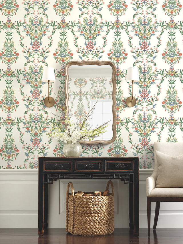 Luxembourg White & Green Wallpaper with Animals Floral Motif - York RP7328