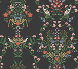 Luxembourg Black Wallpaper with Mirrored Floral Medallions and Birds - York RP7329