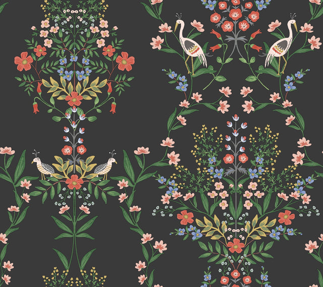Luxembourg Black Wallpaper with Mirrored Floral Medallions and Birds - York RP7329