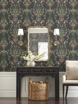 Luxembourg Black Wallpaper with Mirrored Floral Medallions and Birds - York RP7329