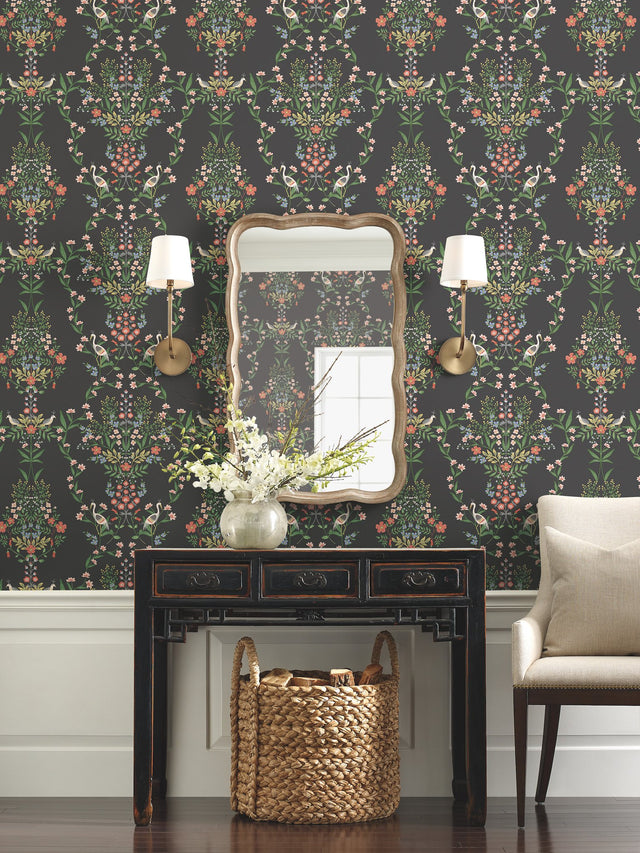 Luxembourg Black Wallpaper with Mirrored Floral Medallions and Birds - York RP7329
