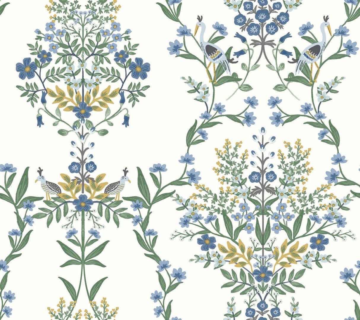 Luxembourg White & Blue Wallpaper with Animals Floral Motif - York RP7330