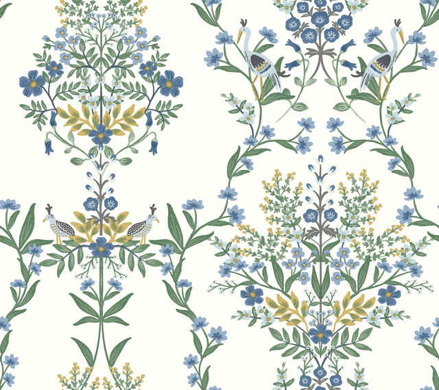Luxembourg White & Blue Wallpaper with Animals Floral Motif - York RP7330