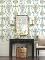 Luxembourg White & Blue Wallpaper with Animals Floral Motif - York RP7330