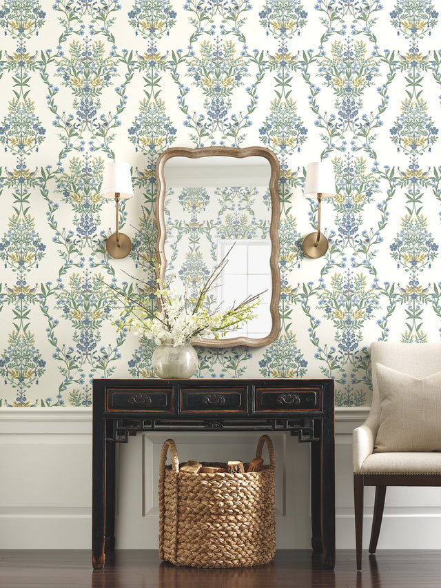 Luxembourg White & Blue Wallpaper with Animals Floral Motif - York RP7330