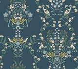 Luxembourg Blue & Green Wallpaper with Floral Birds Motif, Heavy Weight Paper - York RP7331