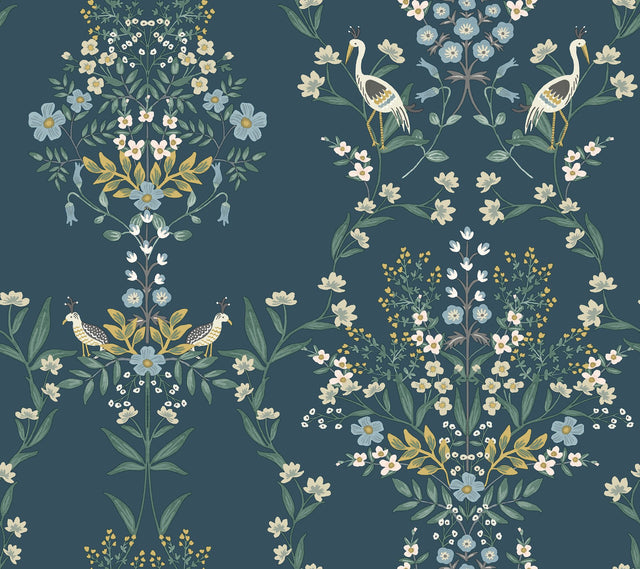 Luxembourg Blue & Green Wallpaper with Floral Birds Motif, Heavy Weight Paper - York RP7331
