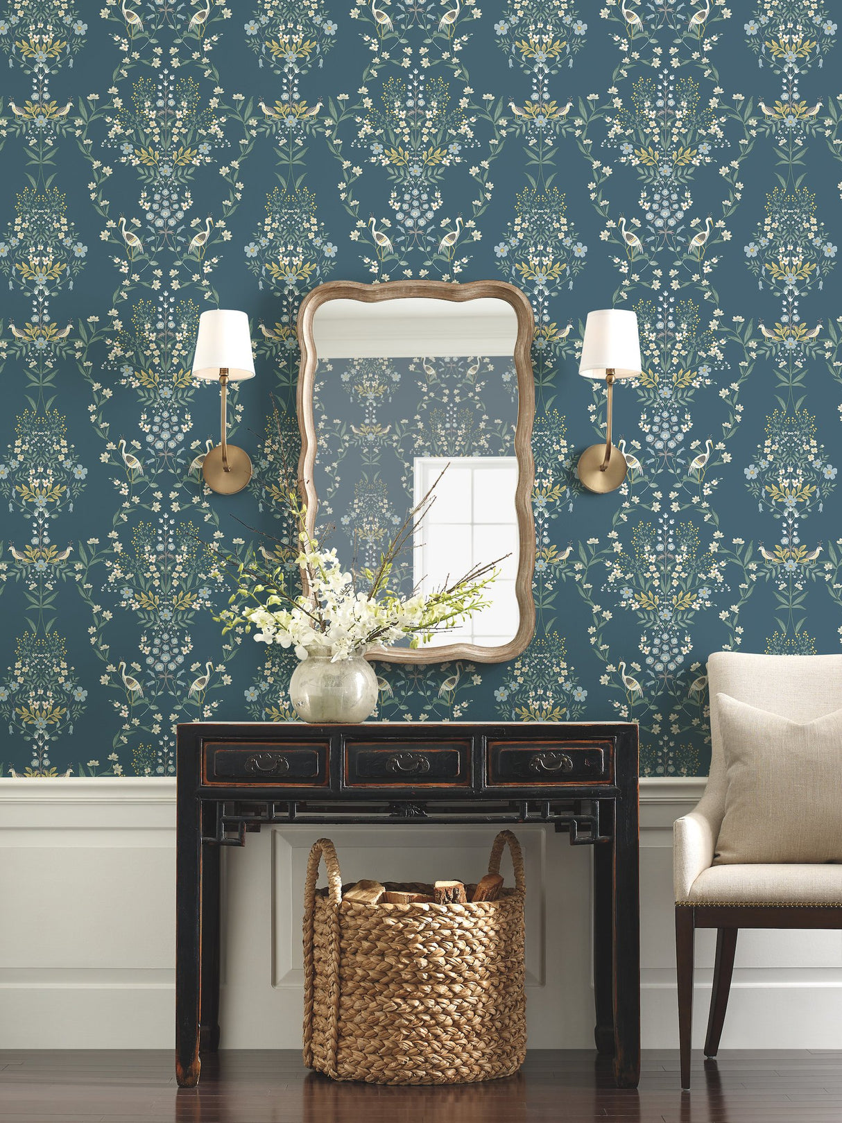 Luxembourg Blue & Green Wallpaper with Floral Birds Motif, Heavy Weight Paper - York RP7331