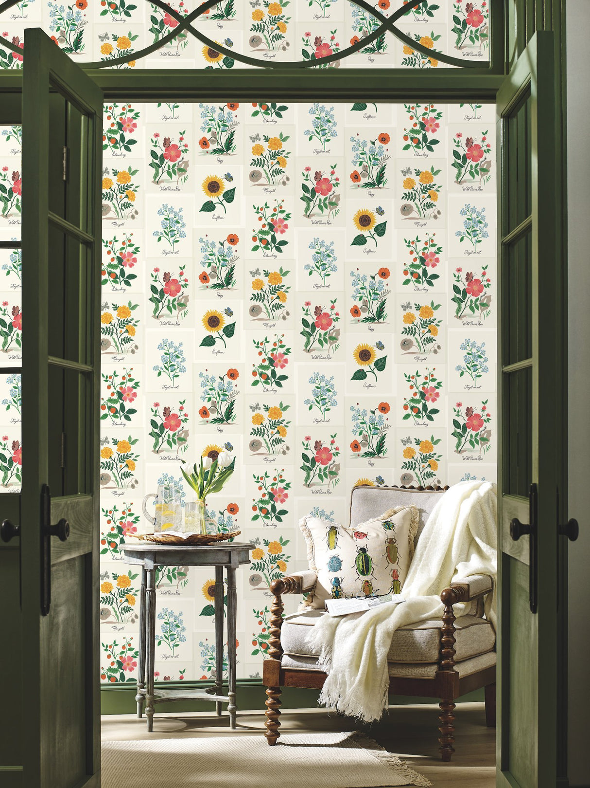 Botanical Prints White & Pink Wallpaper with Vintage Botanical Pinboard Motif - York RP7334