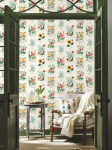 Botanical Prints White & Pink Wallpaper with Vintage Botanical Pinboard Motif - York RP7334