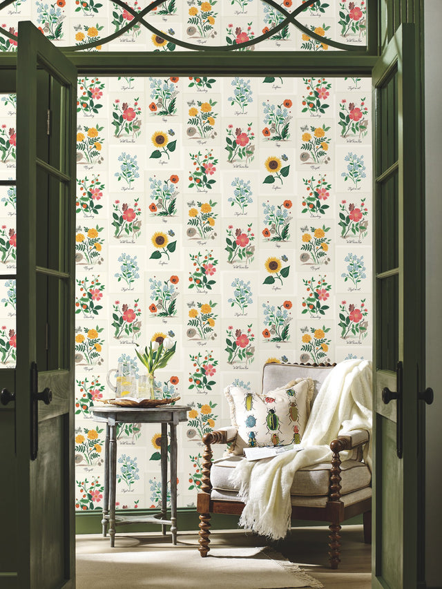 Botanical Prints White & Pink Wallpaper with Vintage Botanical Pinboard Motif - York RP7334