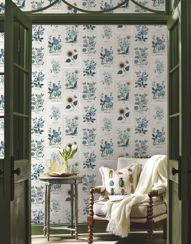Botanical Prints White & Blue Wallpaper with Vintage Botanical Pinboard Motif - York RP7335