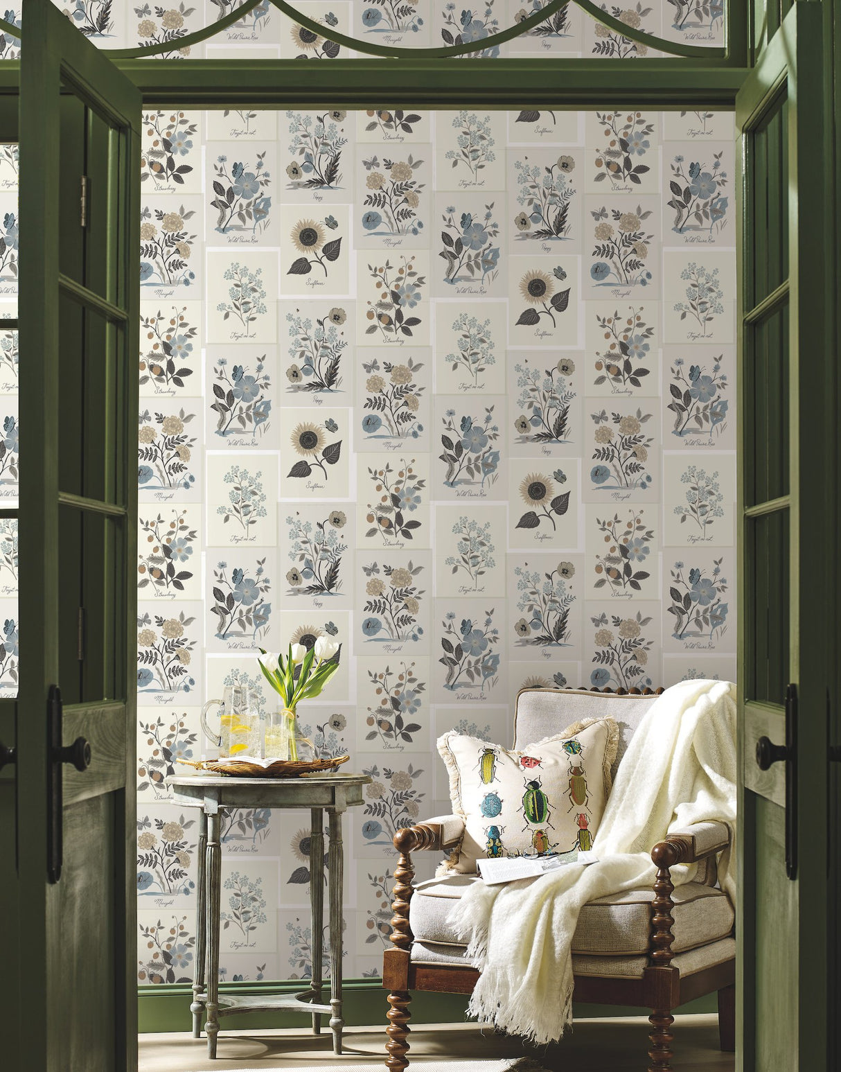 Botanical Prints Beige & Black Wallpaper with Vintage Botanical Pinboard Motif - York RP7336