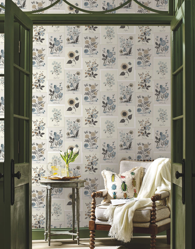 Botanical Prints Beige & Black Wallpaper with Vintage Botanical Pinboard Motif - York RP7336