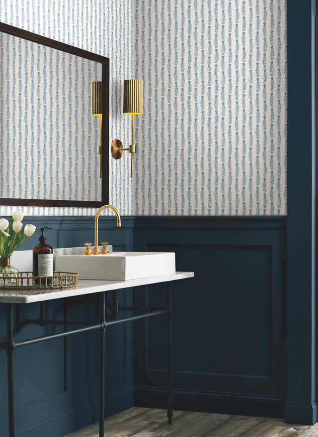 Eden White & Blue Botanical Stripe Non Woven Wallpaper - York RP7341