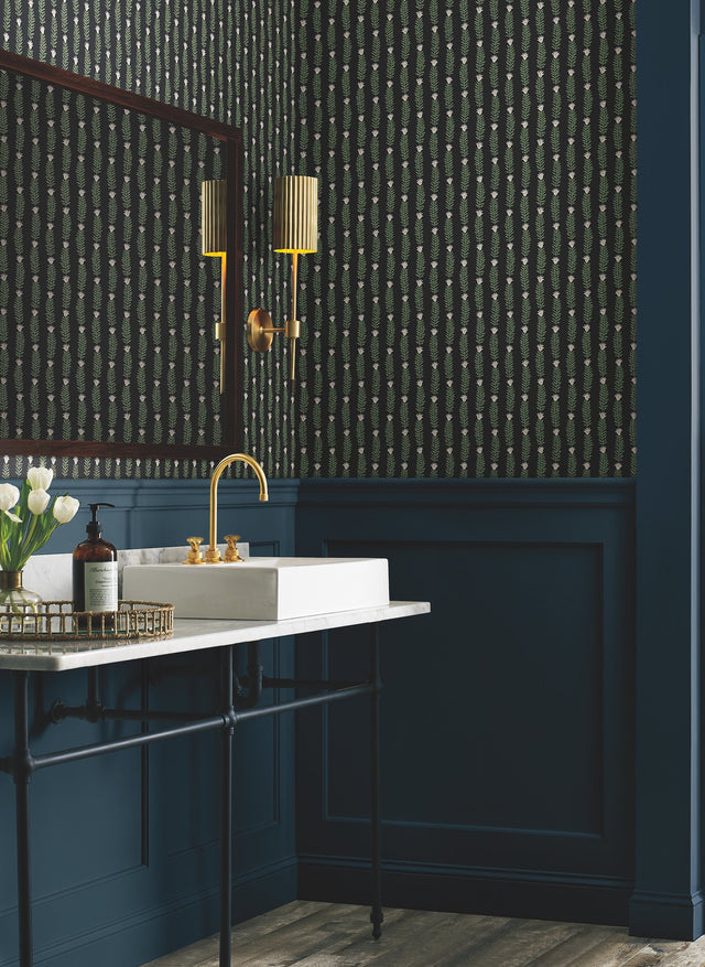 Eden Black & Green Non Woven Wallpaper with Botanical Vertical Leaf Stripe - York RP7344