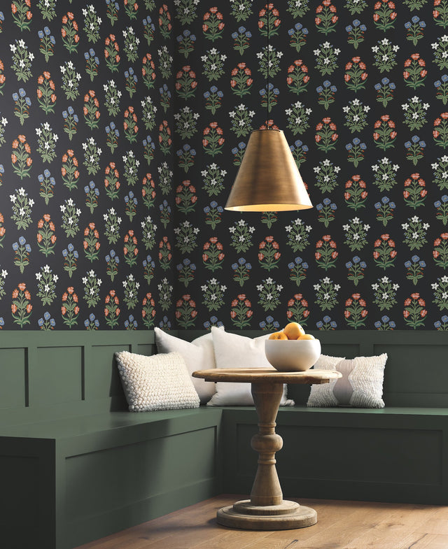Mughal Rose Black & Pink Wallpaper with Block-Print Floral Motif - York RP7348