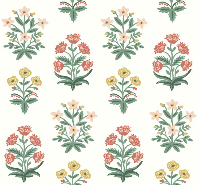 Mughal Rose White & Pink Wallpaper with Floral Block-Print Motif - York RP7349