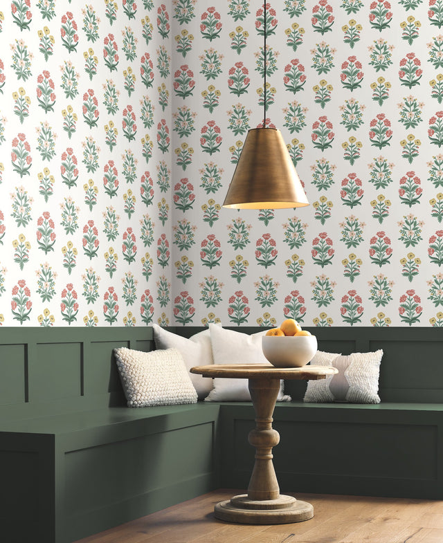 Mughal Rose White & Pink Wallpaper with Floral Block-Print Motif - York RP7349