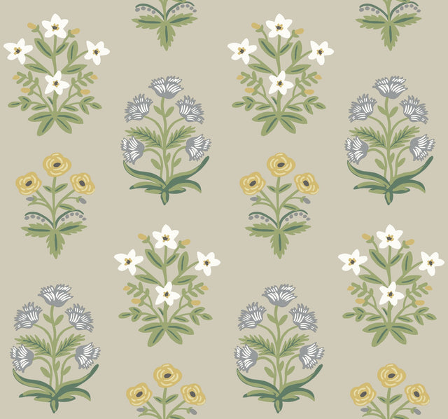 Mughal Rose Beige & Purple Wallpaper with Block-Print Floral Motif - York RP7350