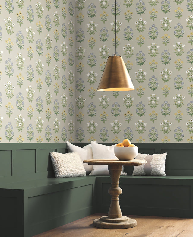 Mughal Rose Beige & Purple Wallpaper with Block-Print Floral Motif - York RP7350