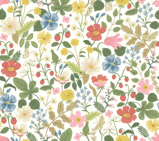 Strawberry Fields White & Red Wallpaper with Whimsical Floral and Butterfly Motif - York RP7354