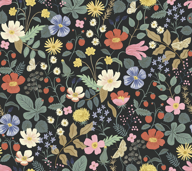 Strawberry Fields Black & Green Wallpaper with Whimsical Floral and Butterfly Motif - York RP7355