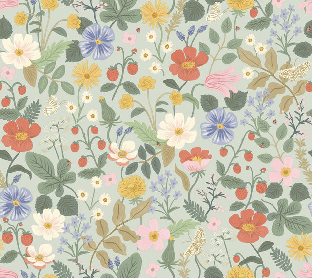 Strawberry Fields Green & Pink Wallpaper with Whimsical Floral and Butterfly Motif - York RP7356
