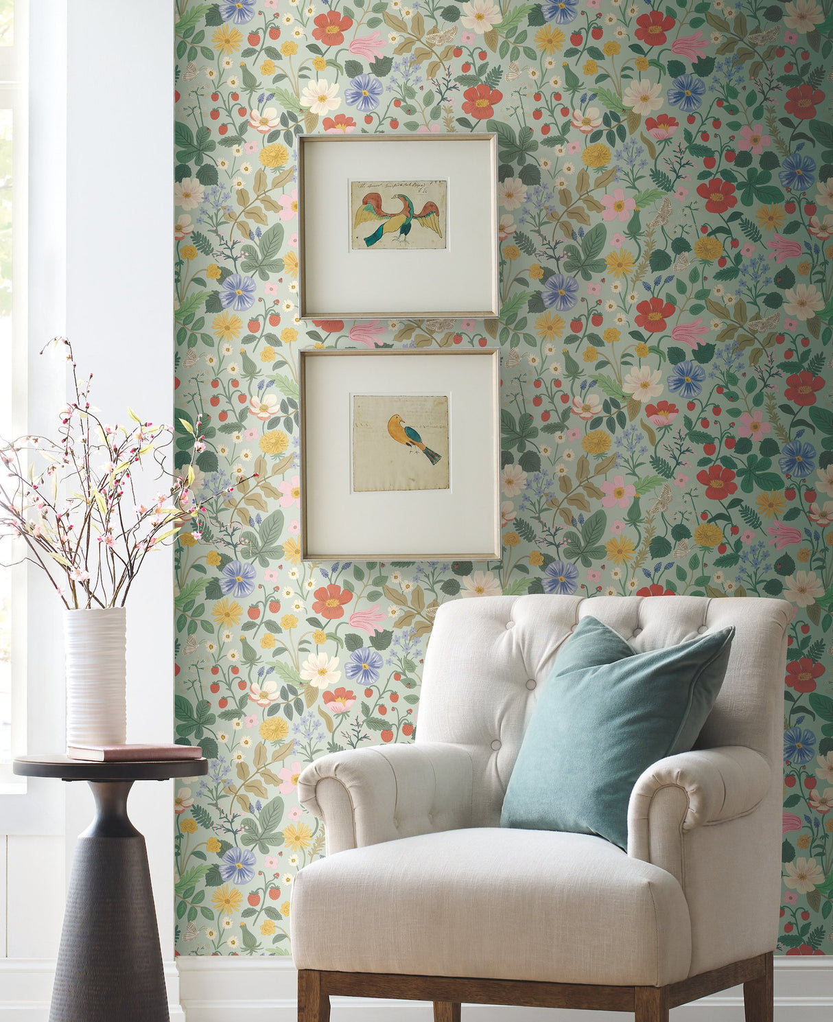 Strawberry Fields Green & Pink Wallpaper with Whimsical Floral and Butterfly Motif - York RP7356