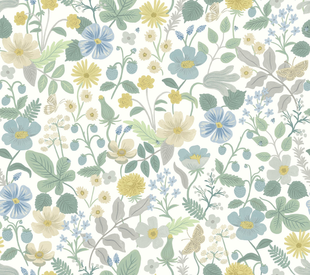 Strawberry Fields White & Green Wallpaper with Floral and Butterfly Motif - York RP7357