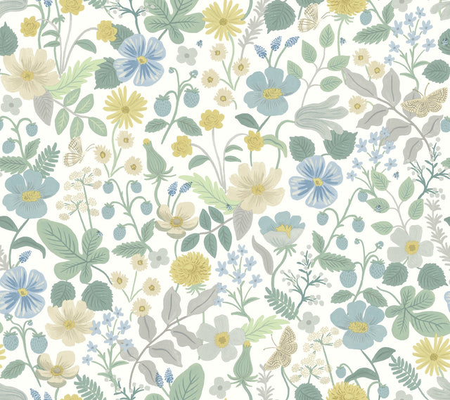 Strawberry Fields White & Green Wallpaper with Floral and Butterfly Motif - York RP7357