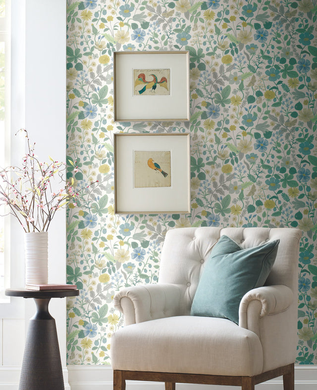 Strawberry Fields White & Green Wallpaper with Floral and Butterfly Motif - York RP7357