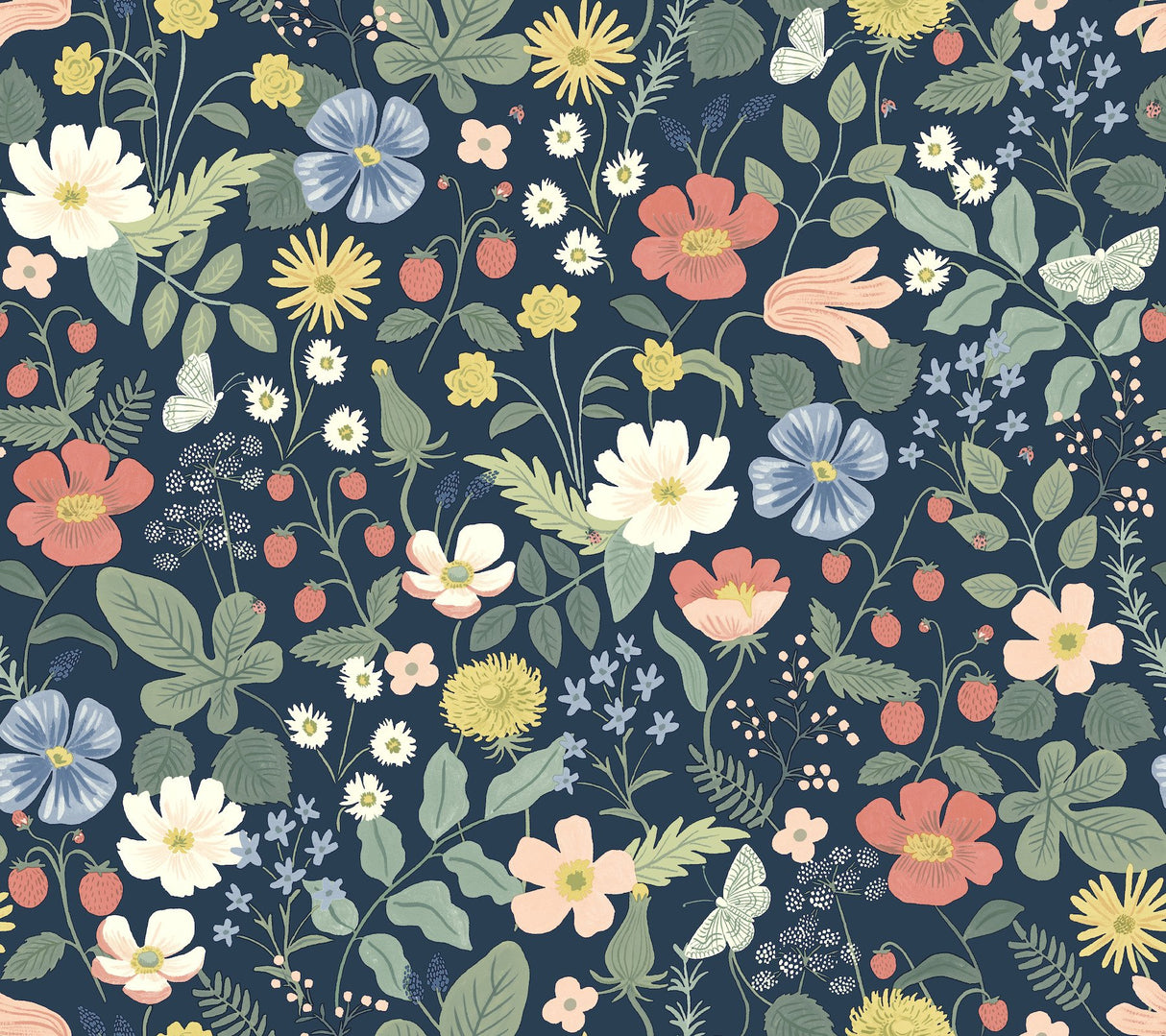 Strawberry Fields Blue & Pink Wallpaper with Whimsical Floral and Butterfly Motif - York RP7358