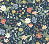 Strawberry Fields Blue & Pink Wallpaper with Whimsical Floral and Butterfly Motif - York RP7358