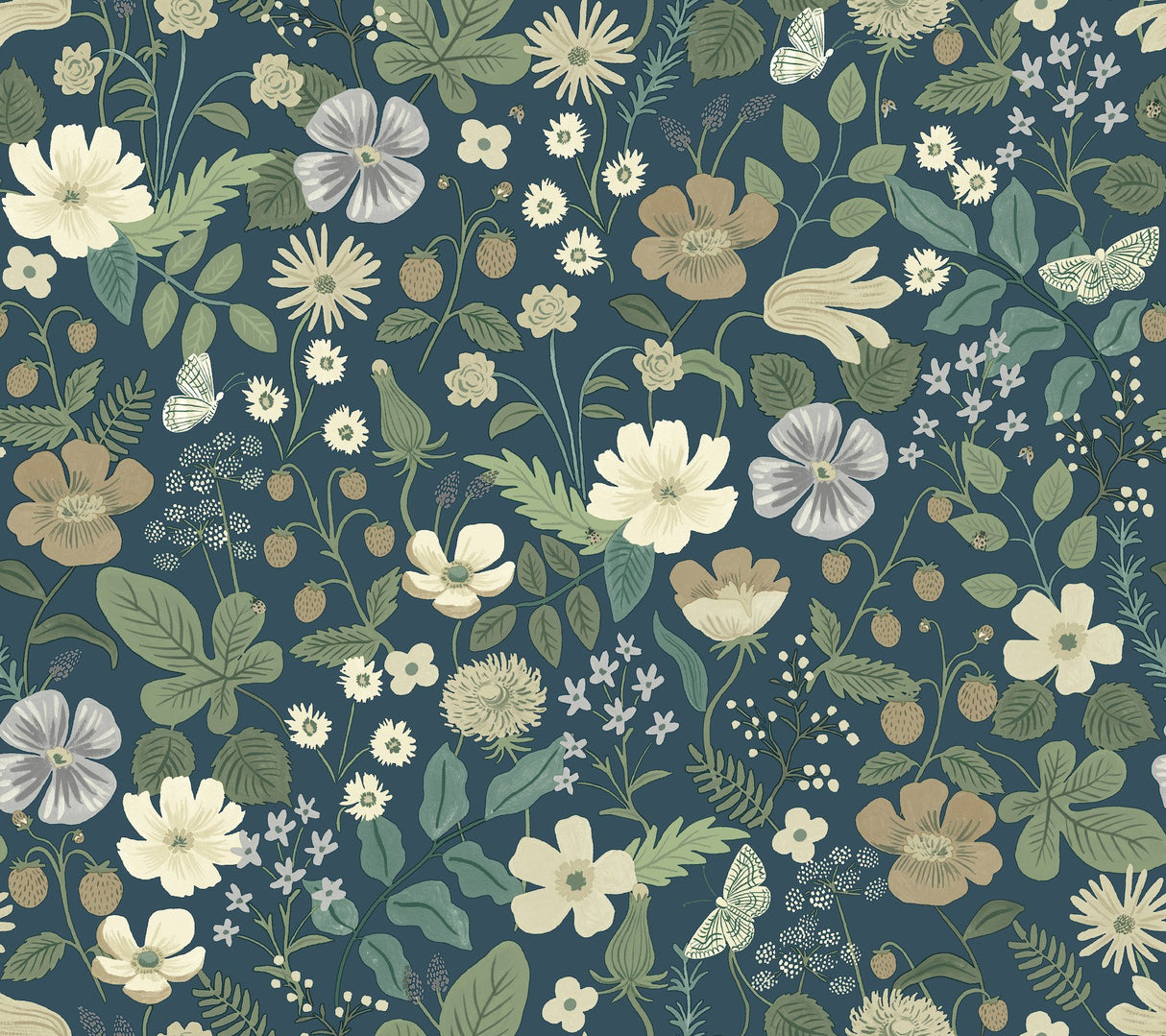 Strawberry Fields Blue & Green Wallpaper with Floral and Butterfly Motif - York RP7359