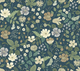 Strawberry Fields Blue & Green Wallpaper with Floral and Butterfly Motif - York RP7359