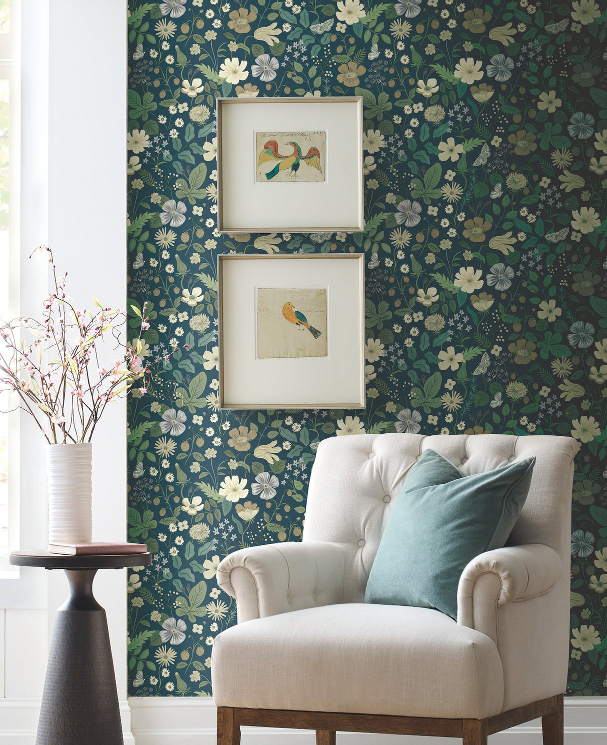 Strawberry Fields Blue & Green Wallpaper with Floral and Butterfly Motif - York RP7359