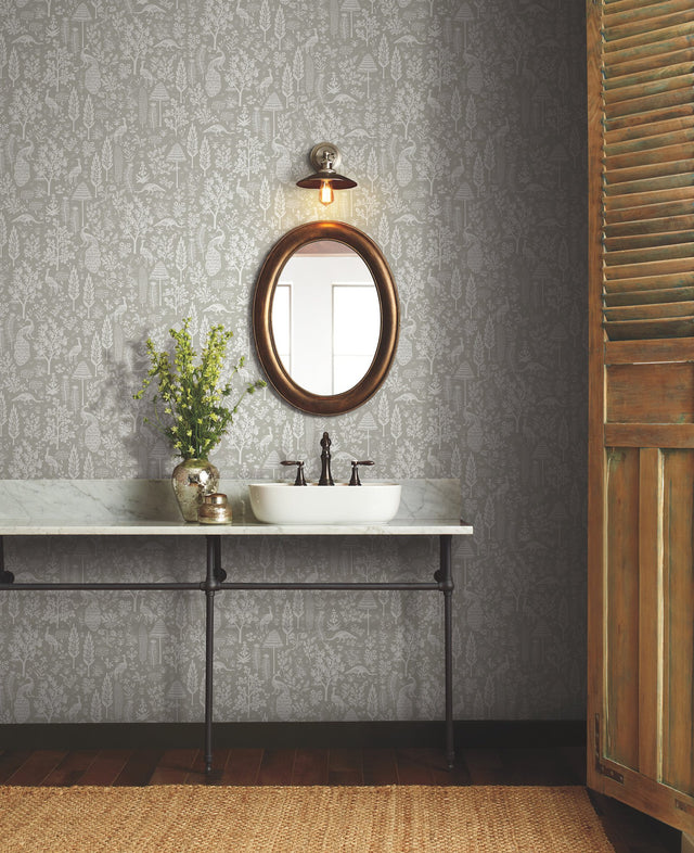 Menagerie Toile Black Wallpaper with Botanical Menagerie Pattern, Drop Match, Unpasted Non Woven - York RP7369