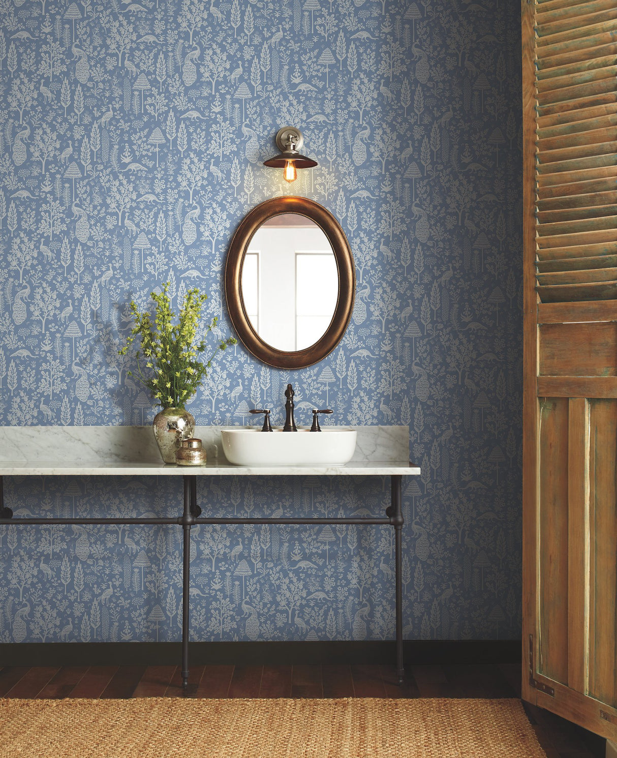 Menagerie Toile Light Blue Wallpaper with Botanical Wildlife Toile - York RP7370
