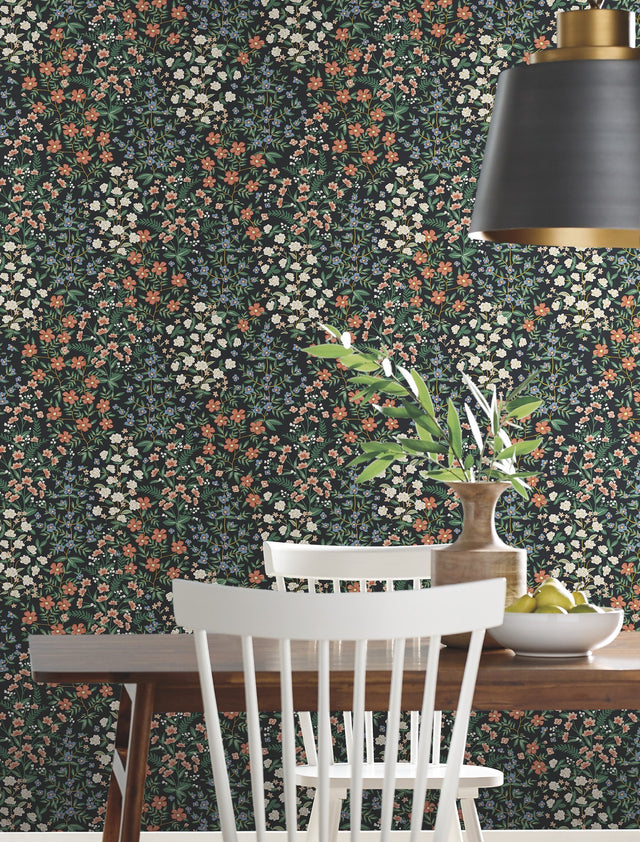 Wildwood Garden Black & Red Wallpaper with Floral Non Woven Design - York RP7378