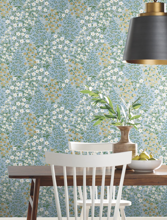 Wildwood Garden Blue & White Wallpaper with Floral Pattern, Non Woven Unpasted - York RP7379