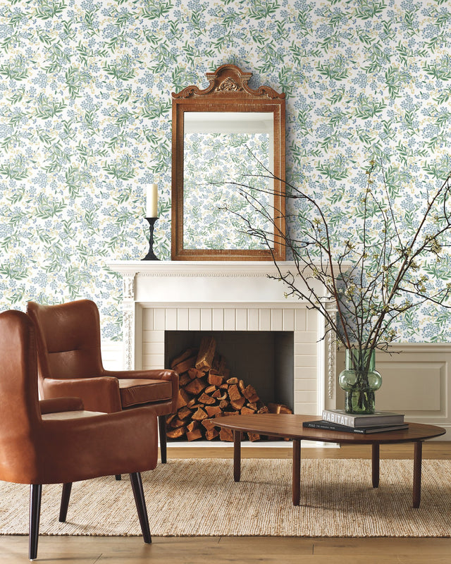 Cornflower White & Green Wallpaper with Botanical Floral Pattern - York RP7382